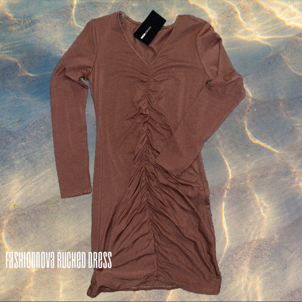 Fashionnova Ruched Dress, Long Sleeve, Coco Brown. Never worn!